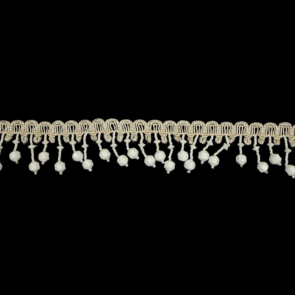Vintage Chalk White Faceted and Seed Beaded Fringe on Ivory Braid - 1.5" Vintage Chalk White Faceted and Seed Beaded Fringe on Ivory Braid - 1.5"