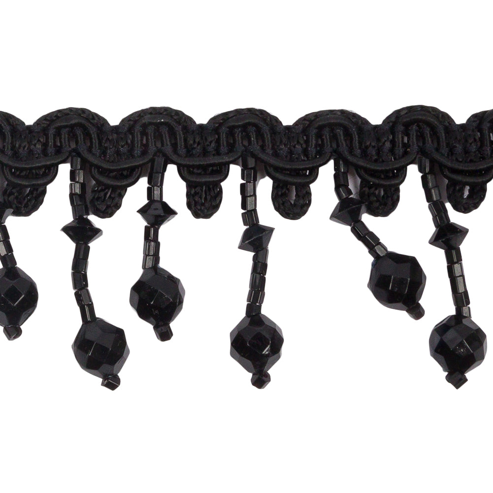Vintage Black Faceted and Seed Beaded Fringe on Black Braid - 1.5" Detail Vintage Black Faceted and Seed Beaded Fringe on Black Braid - 1.5" Detail
