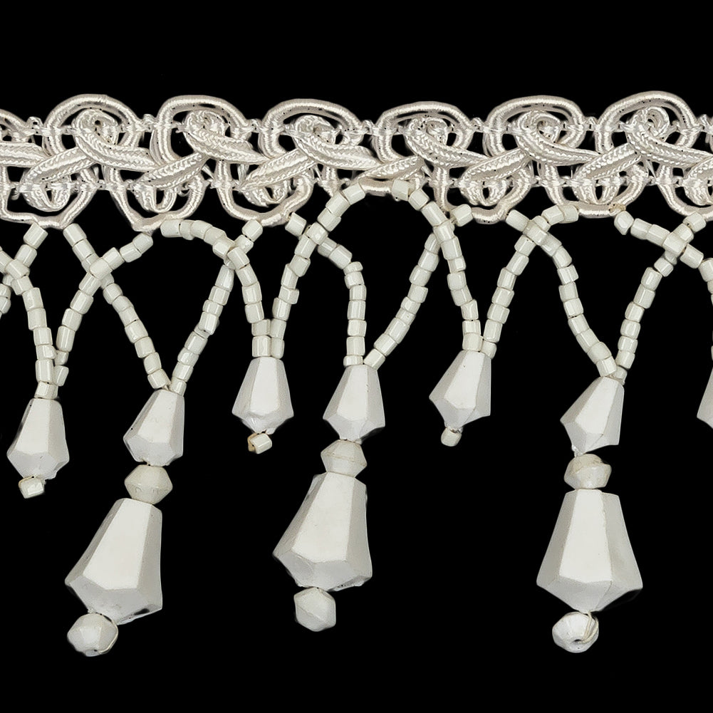 Vintage Chalk White Fancy Beaded Fringe on White Gimp Braid - 2.25" Detail Vintage Chalk White Fancy Beaded Fringe on White Gimp Braid - 2.25" Detail