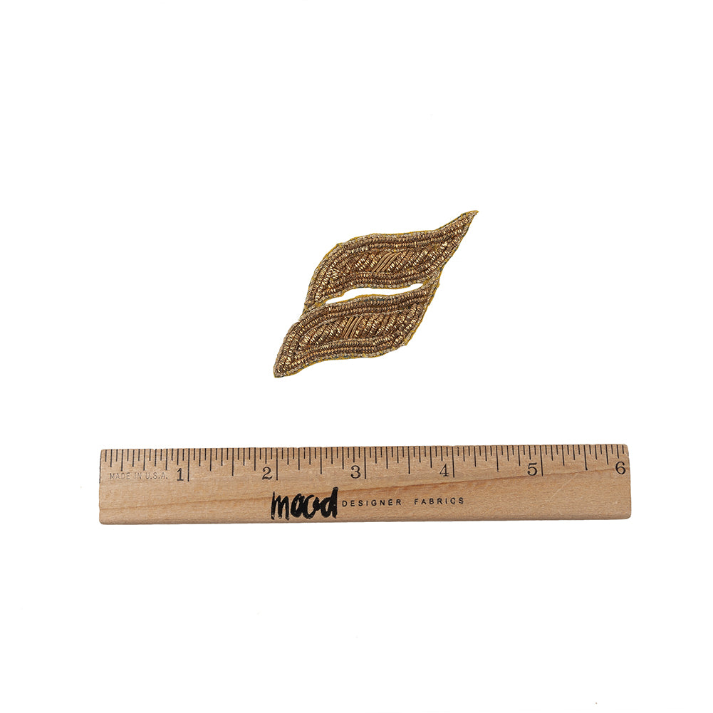 Vintage Gold Lurex Bullion Stitch Leaf Applique - 3" x 1.375" Full Vintage Gold Lurex Bullion Stitch Leaf Applique - 3" x 1.375" Full