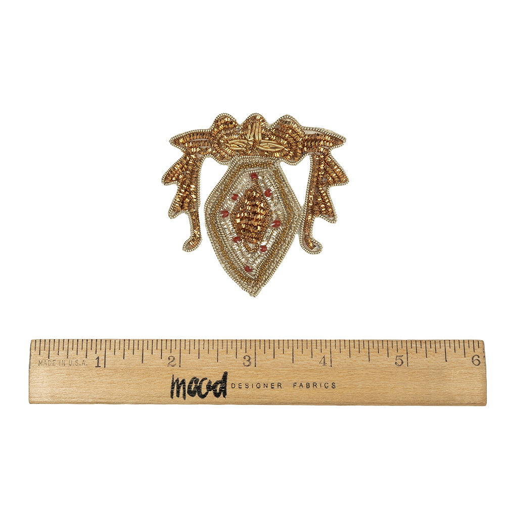 Vintage Metallic Gold and Red Diamond Crest Bullion Embroidered and Beaded Applique - 2.75" x 2.5" Full Vintage Metallic Gold and Red Diamond Crest Bullion Embroidered and Beaded Applique - 2.75" x 2.5" Full