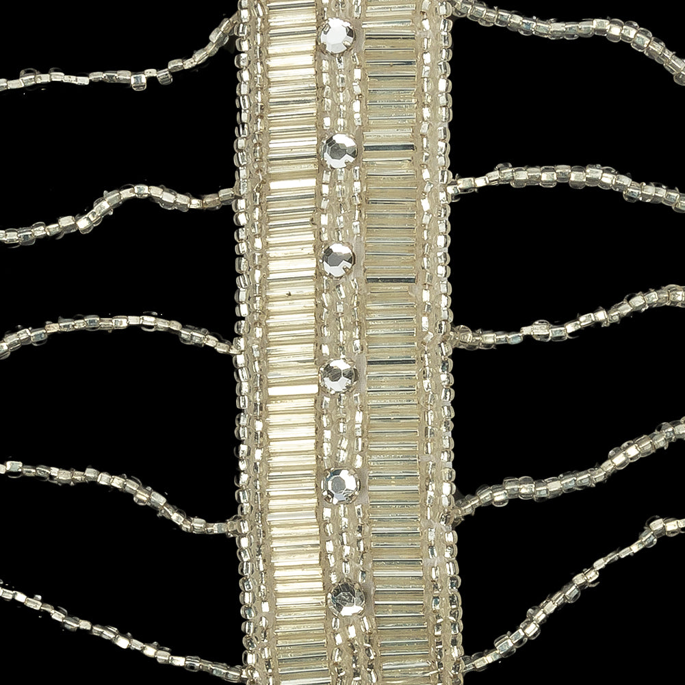 Vintage Silver and Crystal Rhinestone Dotted and Beaded Rectangles and Chains Applique - 4.625" x 14" Detail Vintage Silver and Crystal Rhinestone Dotted and Beaded Rectangles and Chains Applique - 4.625" x 14" Detail