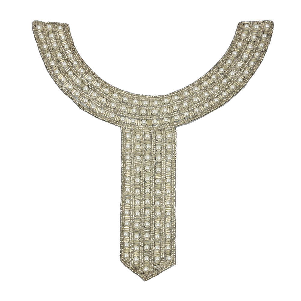 Vintage Fancy Pearl and Silver-lined Beaded Collar Applique - 9" x 8.75" Vintage Fancy Pearl and Silver-lined Beaded Collar Applique - 9" x 8.75"