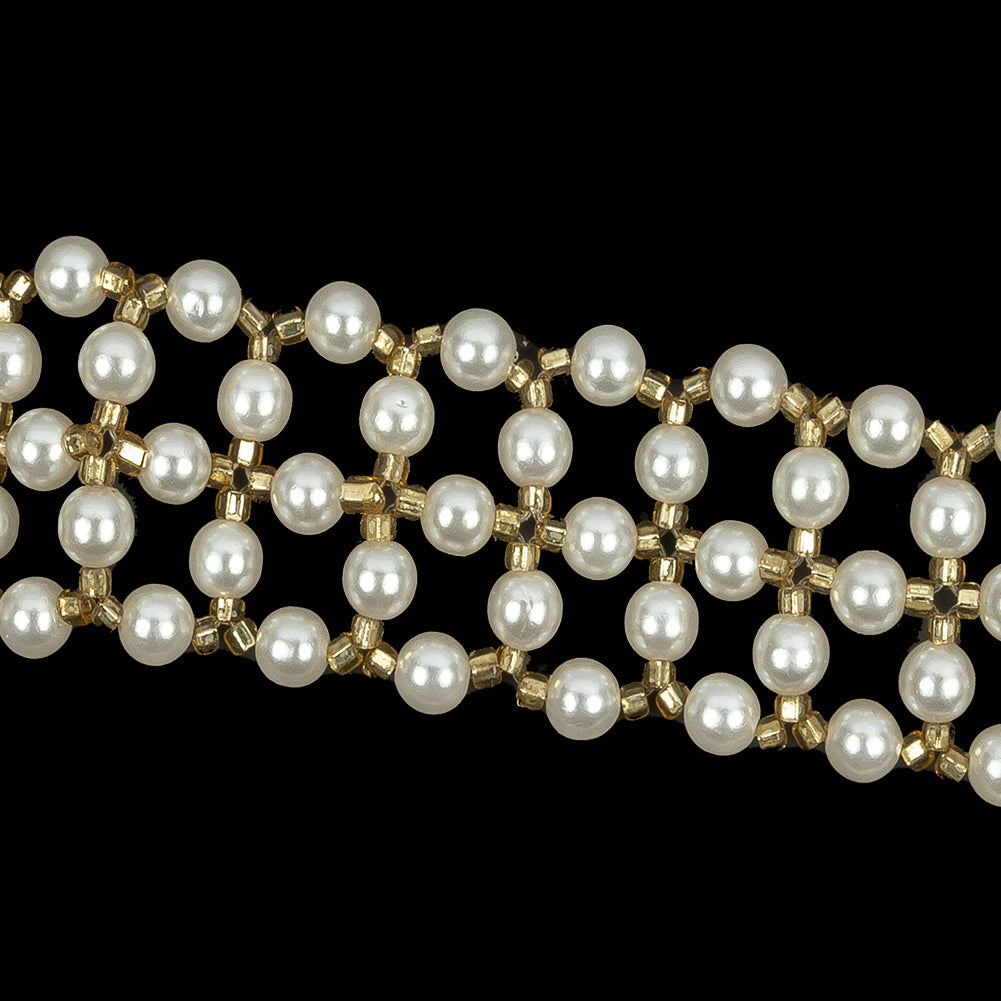 Vintage Gold and Faux Pearl Beaded Latticework Belt With Fringe - 33" x 1.125" Detail Vintage Gold and Faux Pearl Beaded Latticework Belt With Fringe - 33" x 1.125" Detail