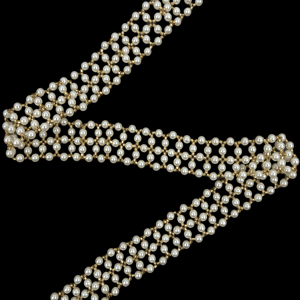Vintage Gold and Faux Pearl Beaded Latticework Belt With Fringe - 33" x 1.125" Vintage Gold and Faux Pearl Beaded Latticework Belt With Fringe - 33" x 1.125"