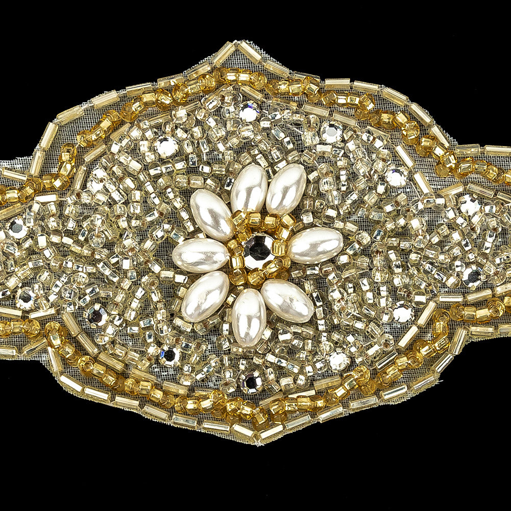 Vintage Gold Beaded and Rhinestone Floral Diamond Shaped Applique - 5.75" x 2.875" Detail Vintage Gold Beaded and Rhinestone Floral Diamond Shaped Applique - 5.75" x 2.875" Detail