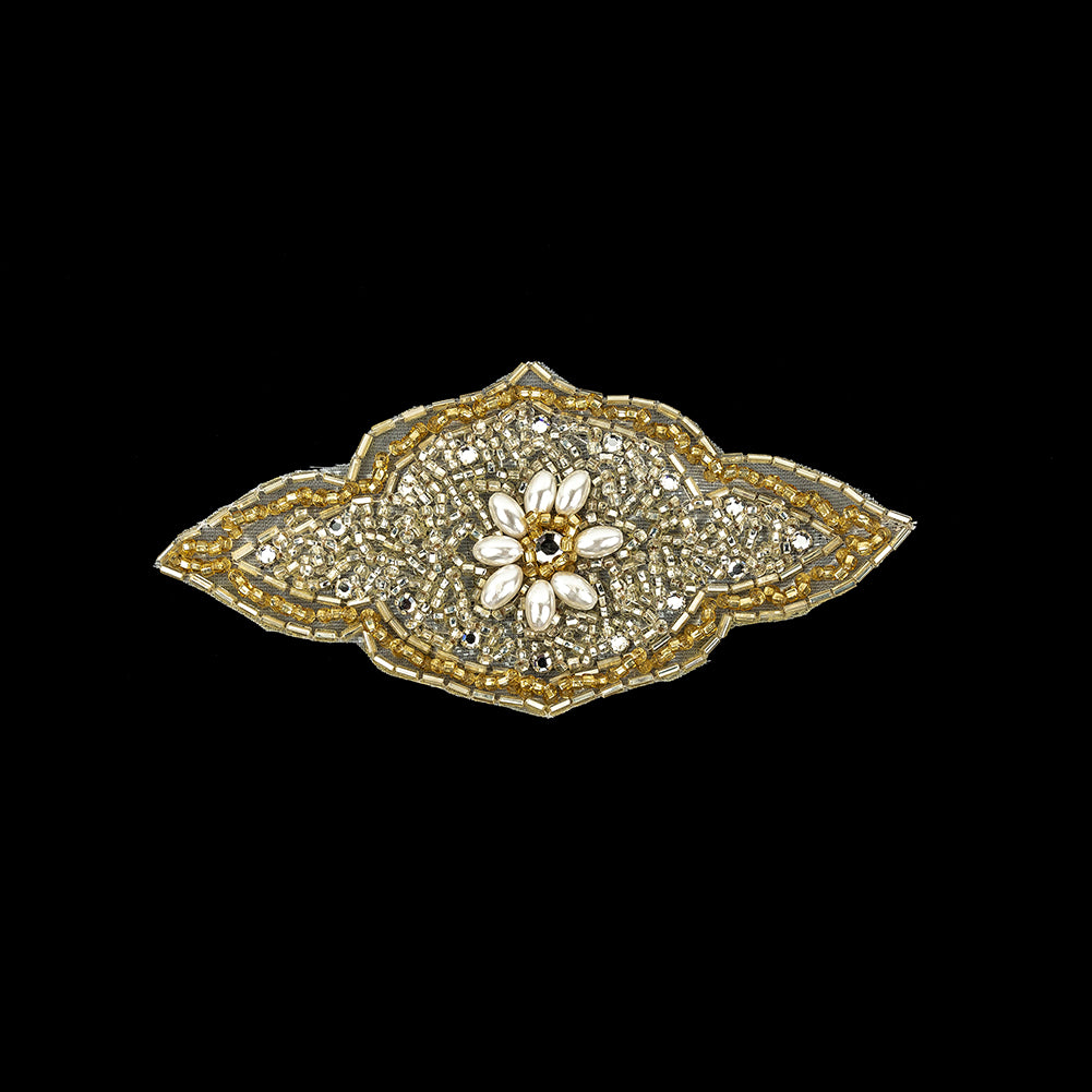 Vintage Gold Beaded and Rhinestone Floral Diamond Shaped Applique - 5.75" x 2.875" Vintage Gold Beaded and Rhinestone Floral Diamond Shaped Applique - 5.75" x 2.875"