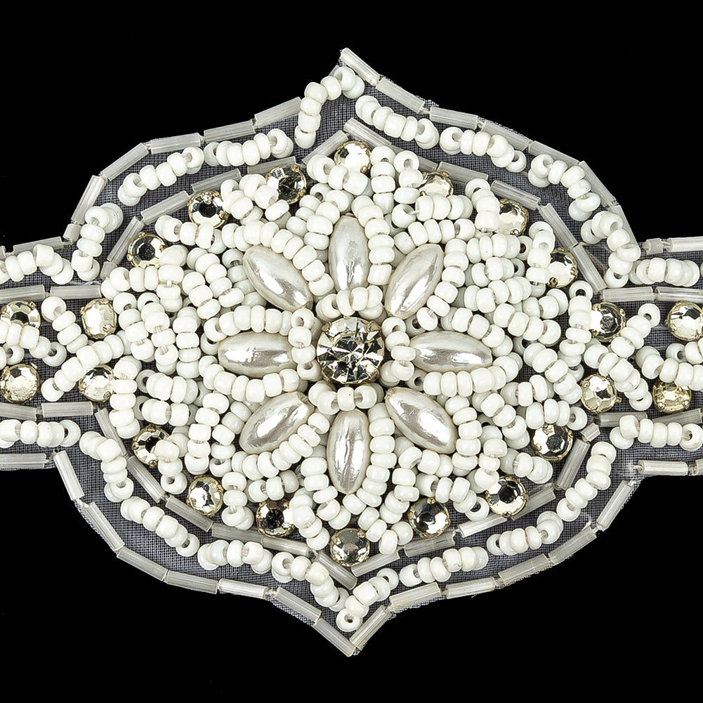 Vintage White Beaded and Rhinestone Floral Diamond Shaped Applique - 5.75" x 2.875" Detail Vintage White Beaded and Rhinestone Floral Diamond Shaped Applique - 5.75" x 2.875" Detail