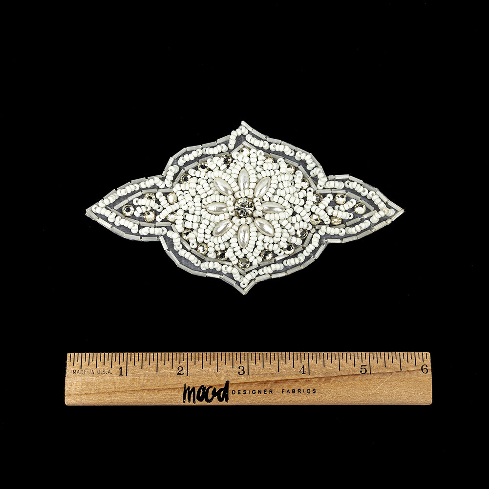 Vintage White Beaded and Rhinestone Floral Diamond Shaped Applique - 5.75" x 2.875" Full Vintage White Beaded and Rhinestone Floral Diamond Shaped Applique - 5.75" x 2.875" Full
