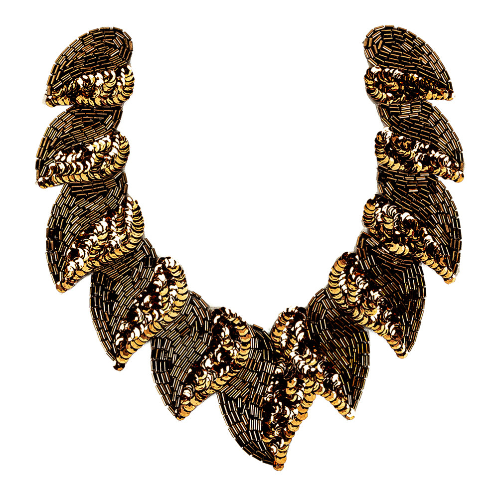 Vintage Fancy Bronze Sequins and Bugle Beaded Neckline Applique - 7.625" X 7.375" Vintage Fancy Bronze Sequins and Bugle Beaded Neckline Applique - 7.625" X 7.375"