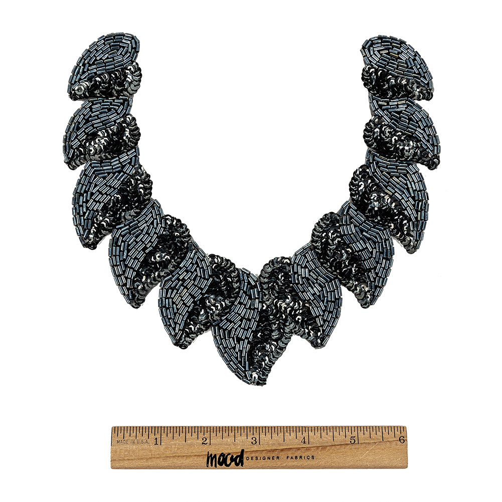 Vintage Fancy Gunmetal Sequins and Bugle Beaded Neckline Applique - 7.625" x 7.75" Full Vintage Fancy Gunmetal Sequins and Bugle Beaded Neckline Applique - 7.625" x 7.75" Full