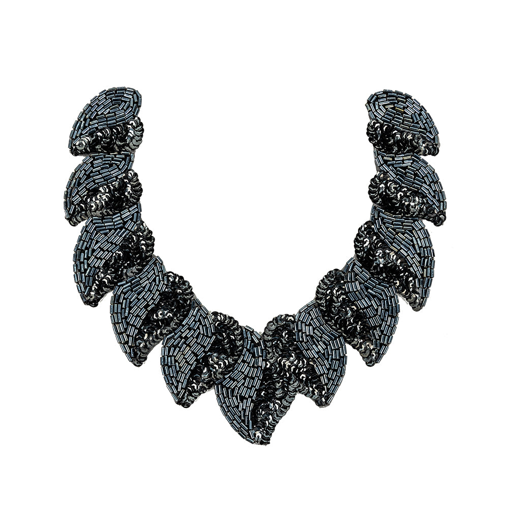 Vintage Fancy Gunmetal Sequins and Bugle Beaded Neckline Applique - 7.625" x 7.75" Vintage Fancy Gunmetal Sequins and Bugle Beaded Neckline Applique - 7.625" x 7.75"
