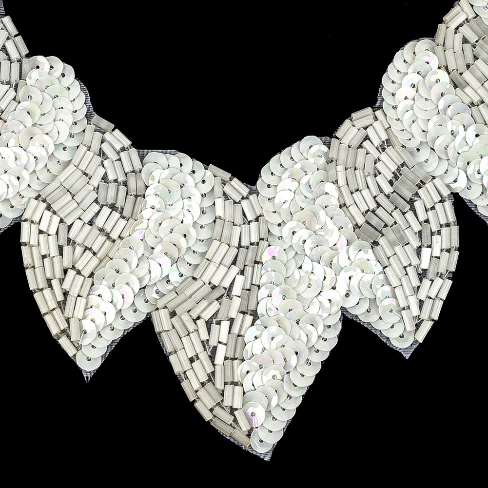 Vintage Fancy White Sequins and Bugle Beaded Neckline Applique - 7.625" x 7.75" Detail Vintage Fancy White Sequins and Bugle Beaded Neckline Applique - 7.625" x 7.75" Detail