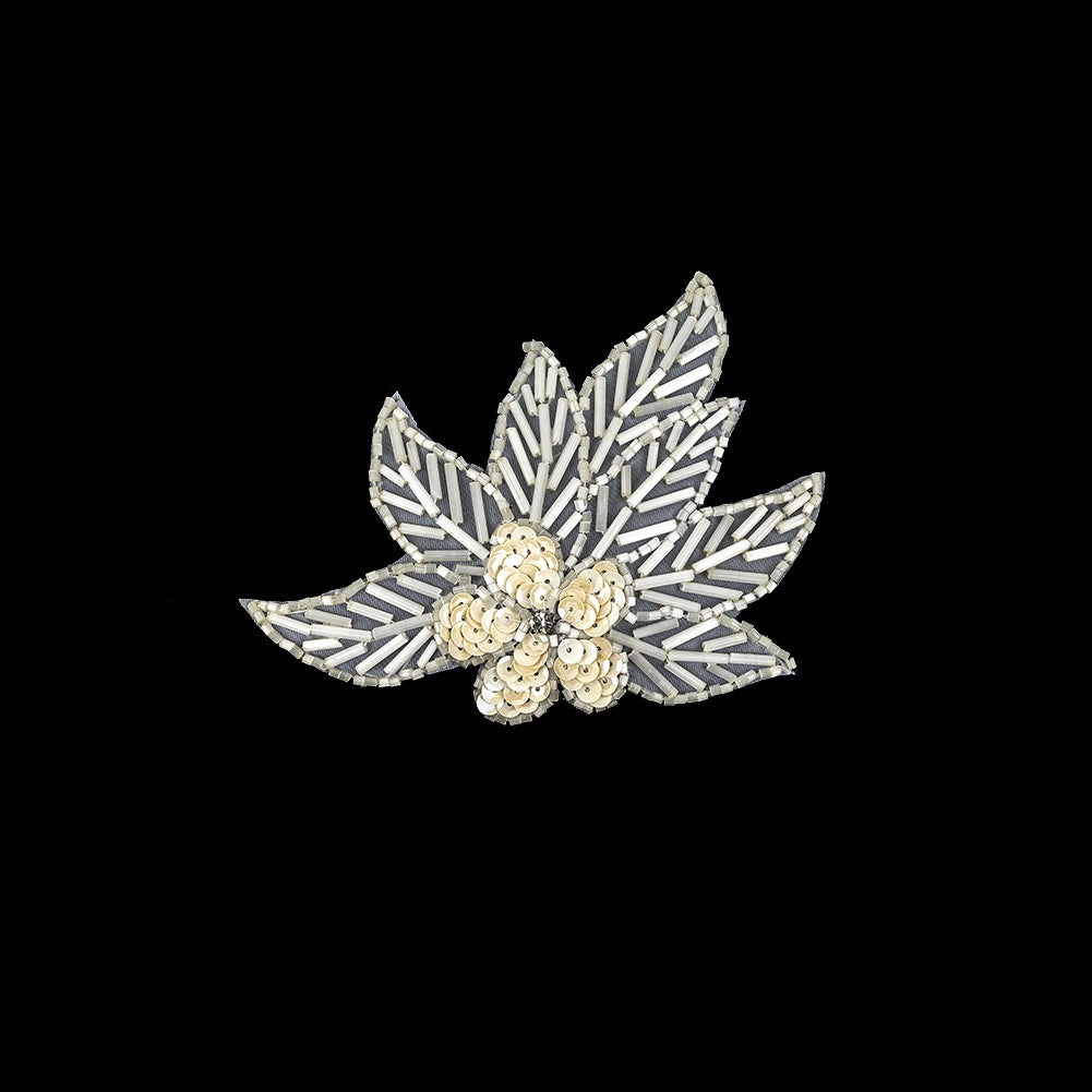Vintage White Iris Sequins and Translucent White Bugle Beaded Floral Applique with Rhinestone Center - 4" x 4.375" Vintage White Iris Sequins and Translucent White Bugle Beaded Floral Applique with Rhinestone Center - 4" x 4.375"