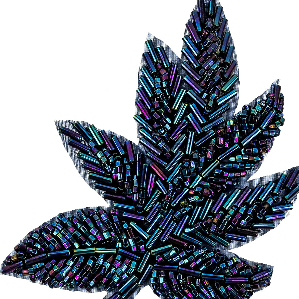 Vintage Blue Iris Beaded Leaf Applique - 4" x 3.25" Detail Vintage Blue Iris Beaded Leaf Applique - 4" x 3.25" Detail