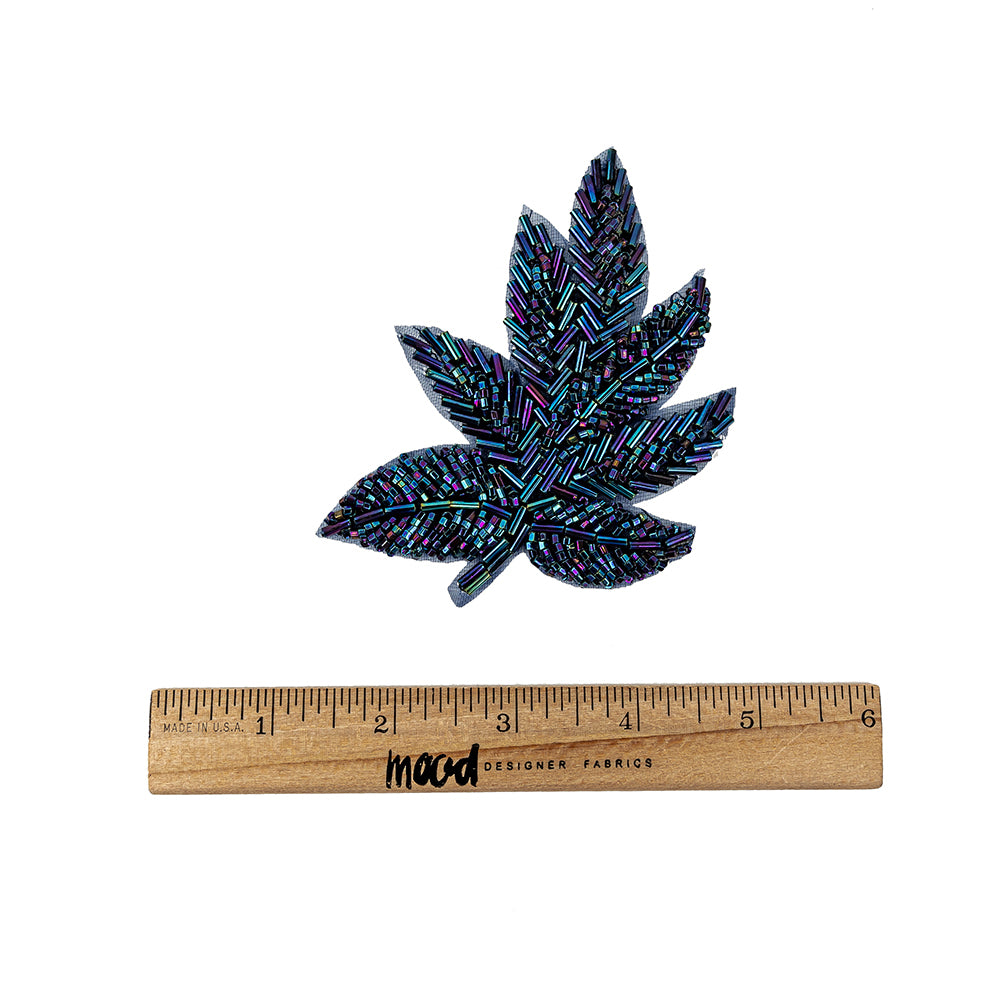 Vintage Blue Iris Beaded Leaf Applique - 4" x 3.25" Full Vintage Blue Iris Beaded Leaf Applique - 4" x 3.25" Full