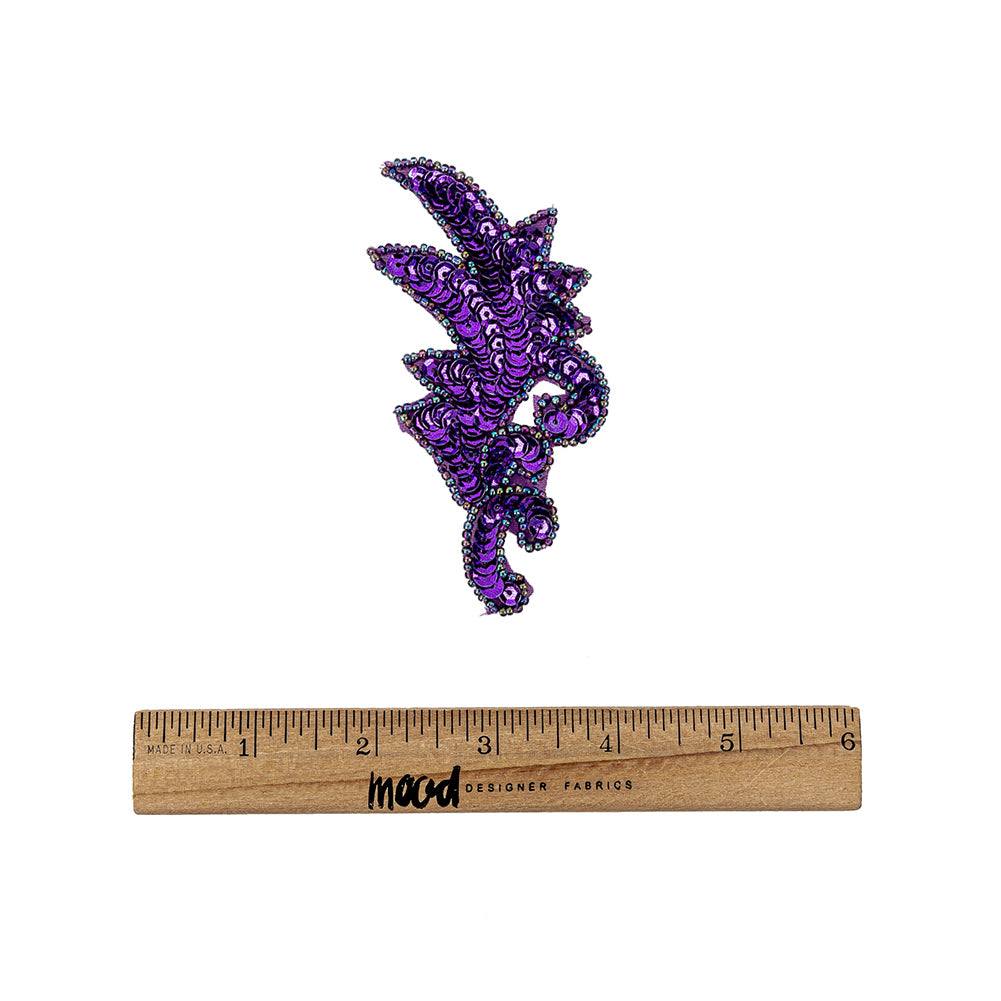 Vintage Purple Iris Sequins and Iridescent Seed Beaded Leaf Applique - 3.75" x 1.75" Full Vintage Purple Iris Sequins and Iridescent Seed Beaded Leaf Applique - 3.75" x 1.75" Full