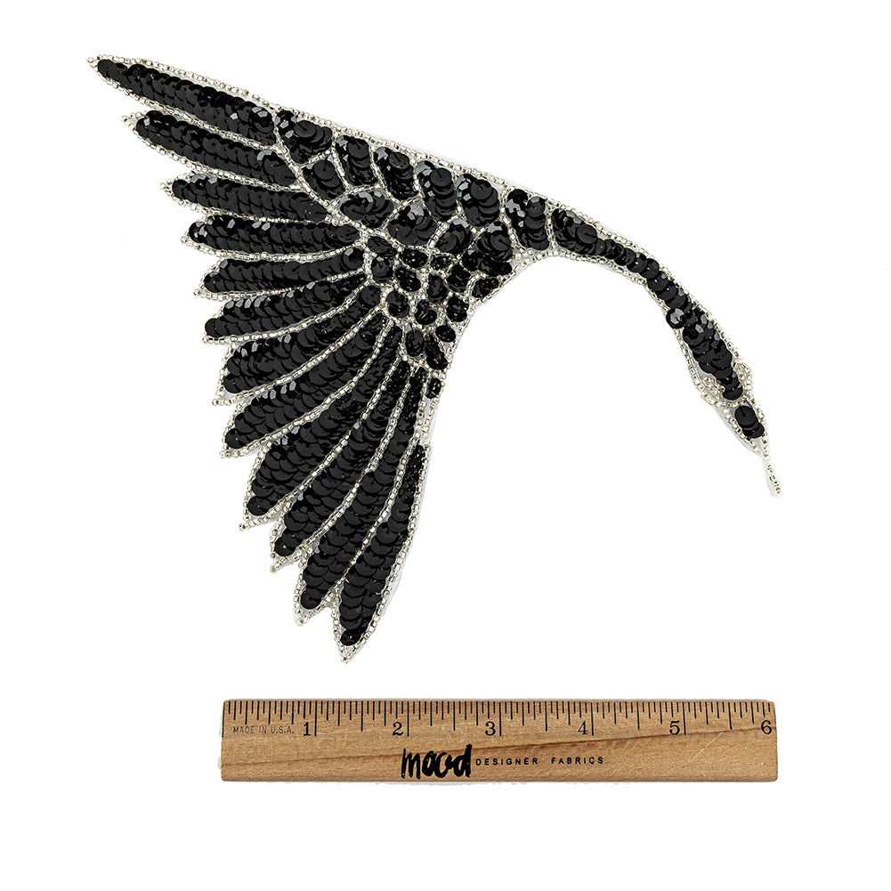 Vintage Fancy Black Sequins and Silver-lined Beaded Fan Applique - 6.25" x 7.5" Full