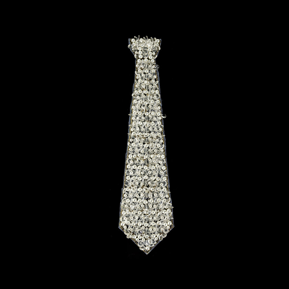 Vintage Fancy Teardrop Crystal, Pearl and Silver-Lined Beaded Tie Applique - 14.5" X 3.5" Vintage Fancy Teardrop Crystal, Pearl and Silver-Lined Beaded Tie Applique - 14.5" X 3.5"