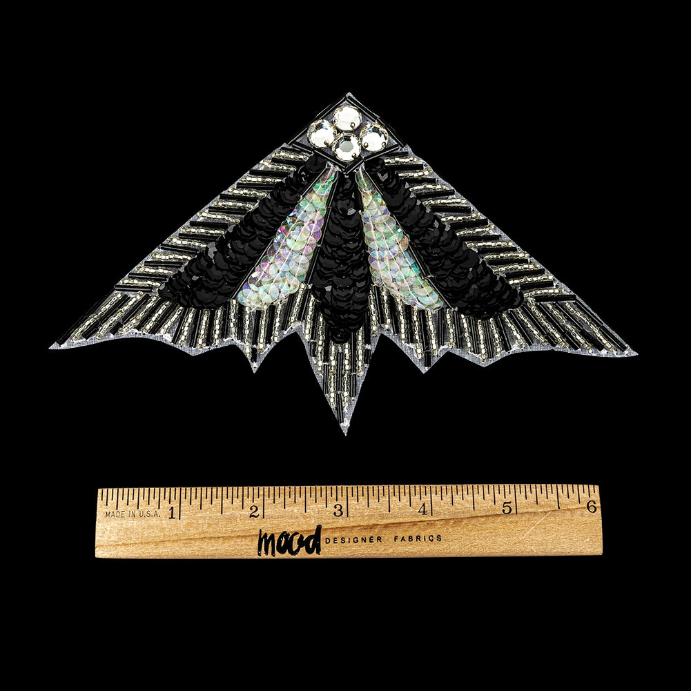 Vintage Crystal Iris and Black Sequins with Crystal Rhinestones Silver and Black Beaded Abstract Fan Applique - 4.25" x 7" Full Vintage Crystal Iris and Black Sequins with Crystal Rhinestones Silver and Black Beaded Abstract Fan Applique - 4.25" x 7" Full