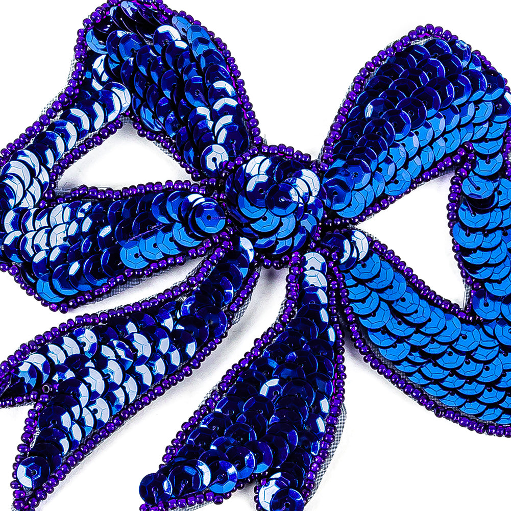 Vintage Royal Blue Sequins Bow Applique with Beaded Outline - 4.375" x 4.5" Detail Vintage Royal Blue Sequins Bow Applique with Beaded Outline - 4.375" x 4.5" Detail