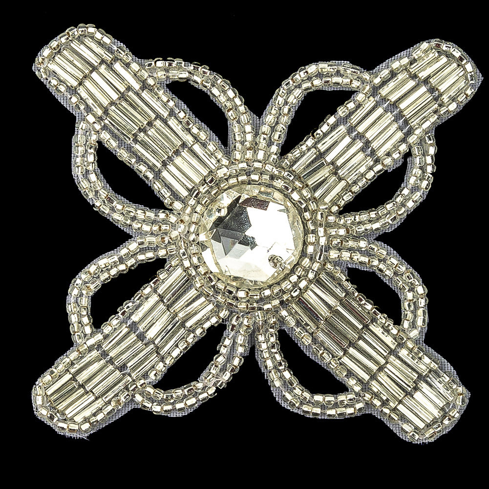 Vintage Crystal and Silver-lined Beaded Abstract Applique - 3.75" Detail Vintage Crystal and Silver-lined Beaded Abstract Applique - 3.75" Detail