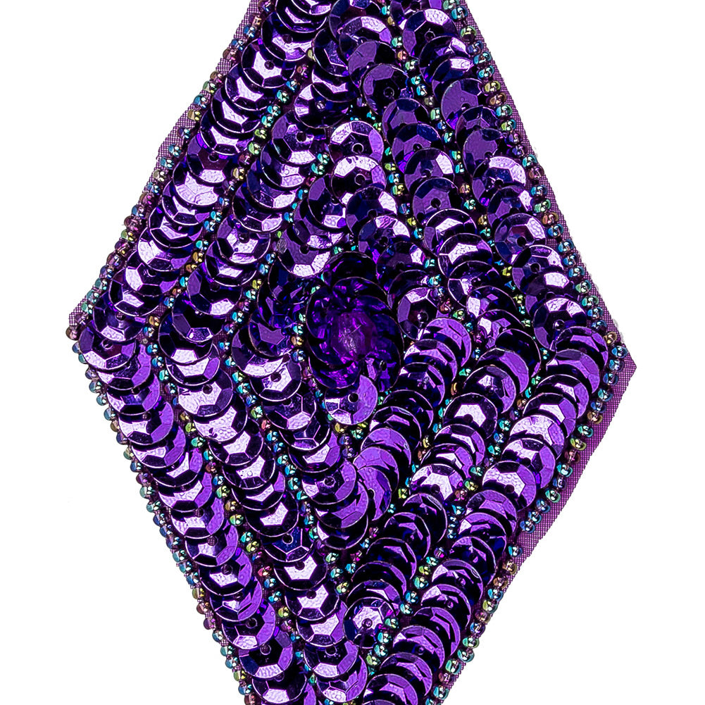 Vintage Purple Sequins and Oil Slick Iridescent Beaded Diamond Applique - 5" x 2.75" Detail Vintage Purple Sequins and Oil Slick Iridescent Beaded Diamond Applique - 5" x 2.75" Detail
