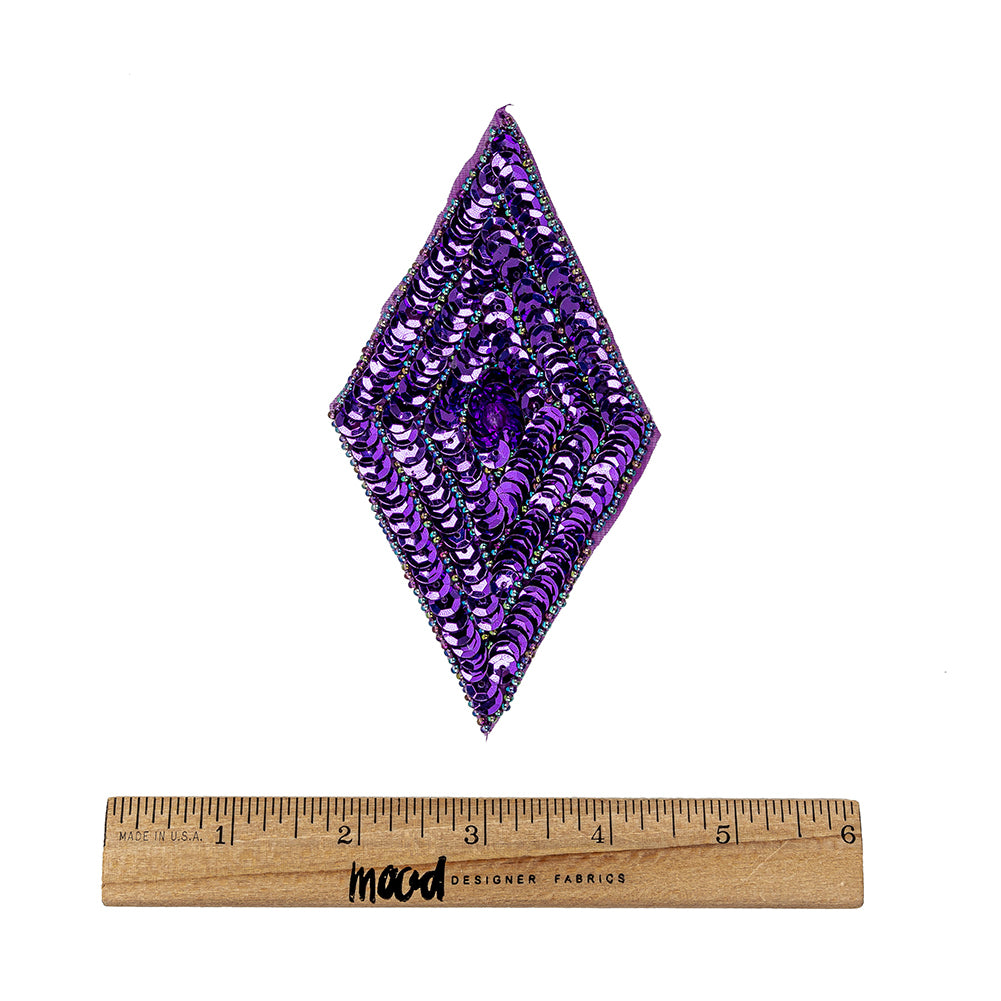 Vintage Purple Sequins and Oil Slick Iridescent Beaded Diamond Applique - 5" x 2.75" Full Vintage Purple Sequins and Oil Slick Iridescent Beaded Diamond Applique - 5" x 2.75" Full