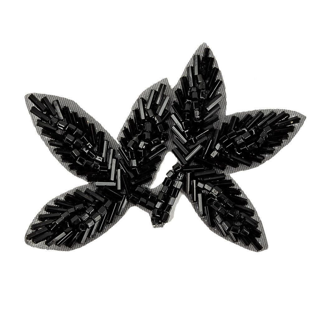 Vintage Black Bugle and Seed Beaded Foliage Applique - 2.25" x 3.25" Detail