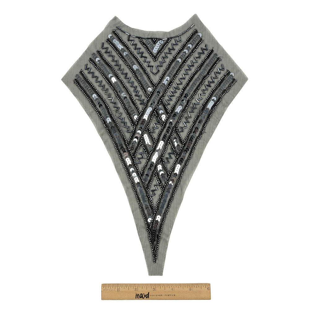 Vintage Black and Gunmetal Sequins and Zig-Zag Bugle Beaded Sheer Panel Applique - 13.5" x 9.375" Full Vintage Black and Gunmetal Sequins and Zig-Zag Bugle Beaded Sheer Panel Applique - 13.5" x 9.375" Full