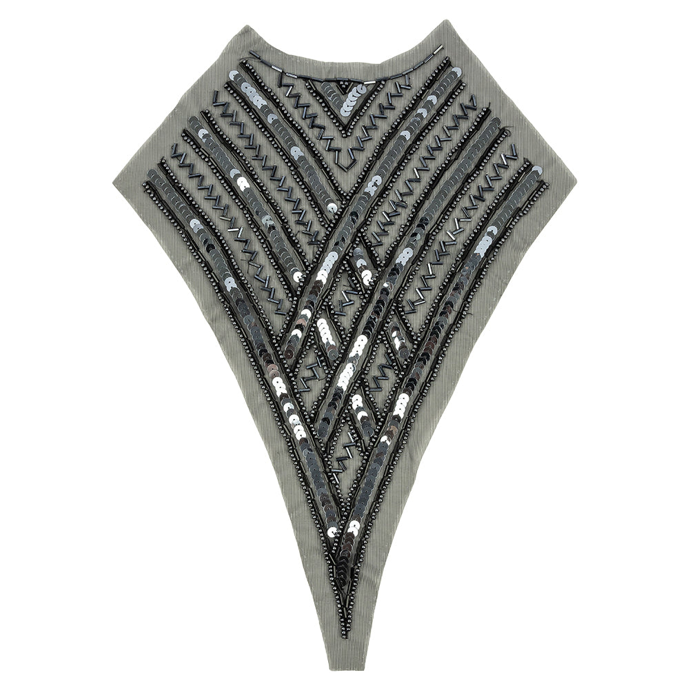 Vintage Black and Gunmetal Sequins and Zig-Zag Bugle Beaded Sheer Panel Applique - 13.5" x 9.375" Vintage Black and Gunmetal Sequins and Zig-Zag Bugle Beaded Sheer Panel Applique - 13.5" x 9.375"