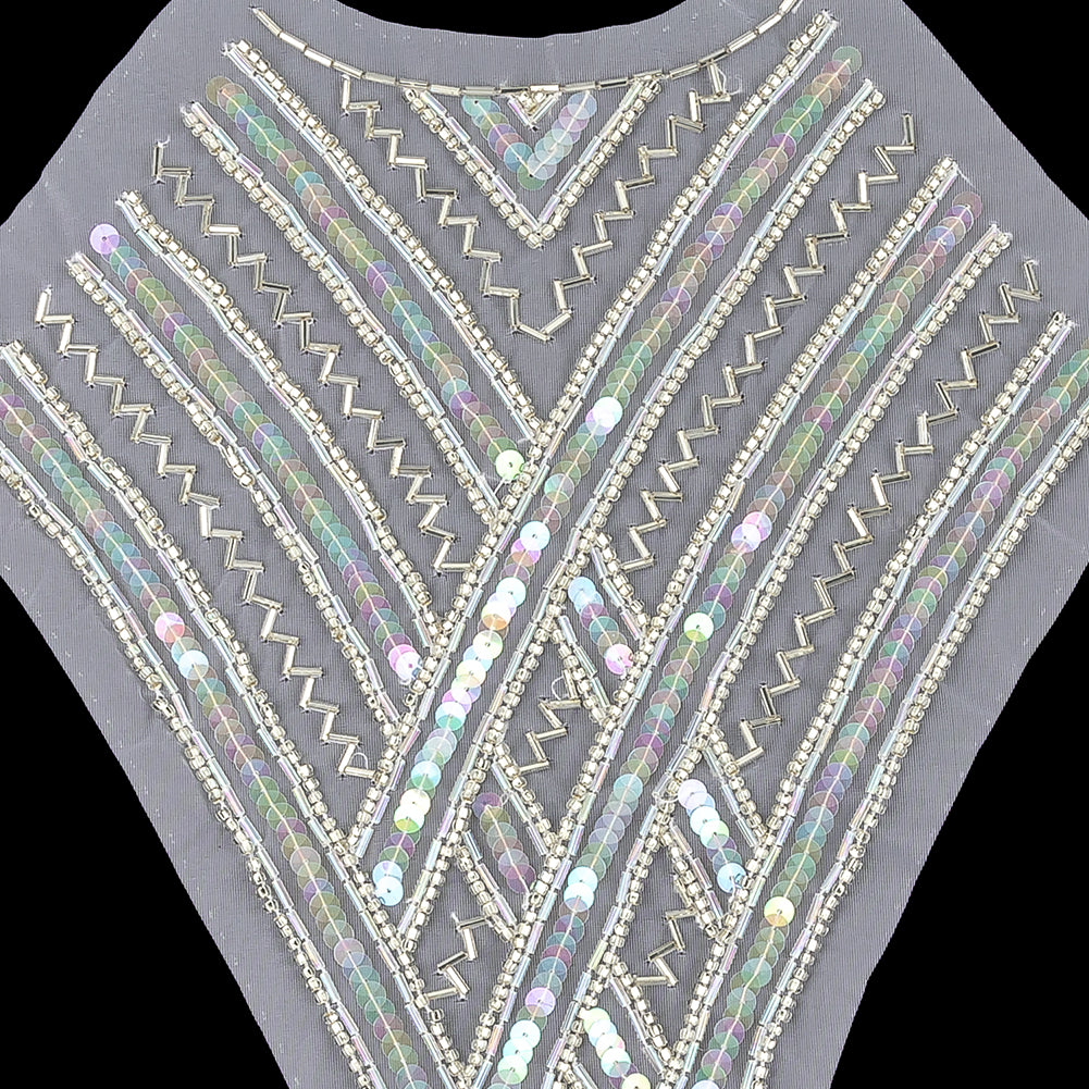 Vintage Translucent Multicolored Sequins and Silver-lined Zig-Zag Bugle Beaded Sheer Panel Applique - 13.5" x 9.375" Detail Vintage Translucent Multicolored Sequins and Silver-lined Zig-Zag Bugle Beaded Sheer Panel Applique - 13.5" x 9.375" Detail