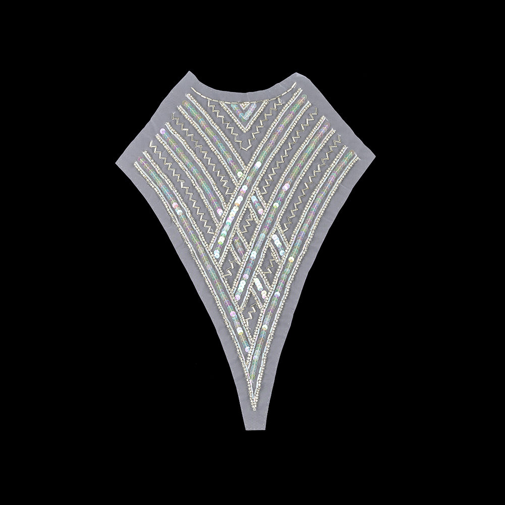 Vintage Translucent Multicolored Sequins and Silver-lined Zig-Zag Bugle Beaded Sheer Panel Applique - 13.5" x 9.375" Vintage Translucent Multicolored Sequins and Silver-lined Zig-Zag Bugle Beaded Sheer Panel Applique - 13.5" x 9.375"
