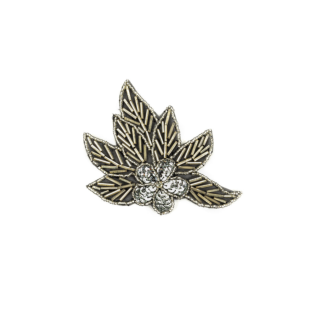 Vintage Silver Sequins and Silver-lined Bugle Beaded Floral Applique with Rhinestone Center - 4" x 4.375" Vintage Silver Sequins and Silver-lined Bugle Beaded Floral Applique with Rhinestone Center - 4" x 4.375"