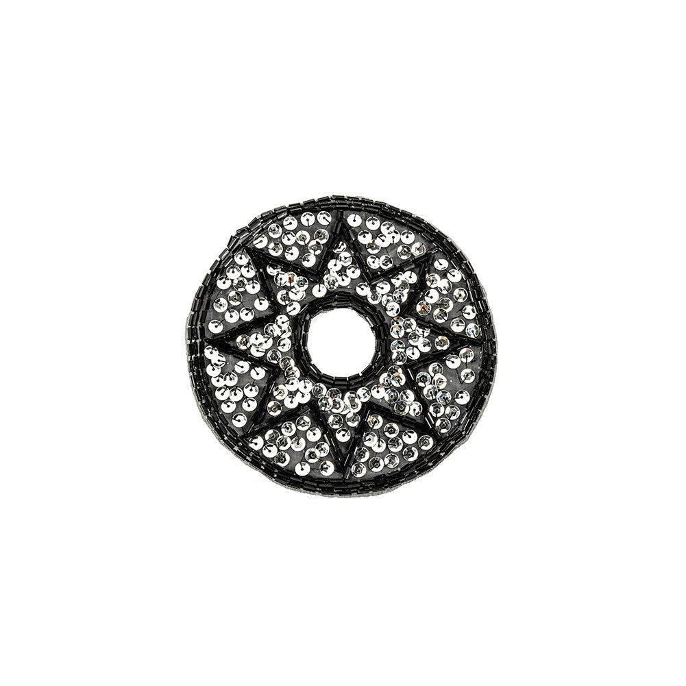 Vintage Black Bugle Beads and Silver Sequins Circular Star Applique - 4.375" x 4.375" Vintage Black Bugle Beads and Silver Sequins Circular Star Applique - 4.375" x 4.375"