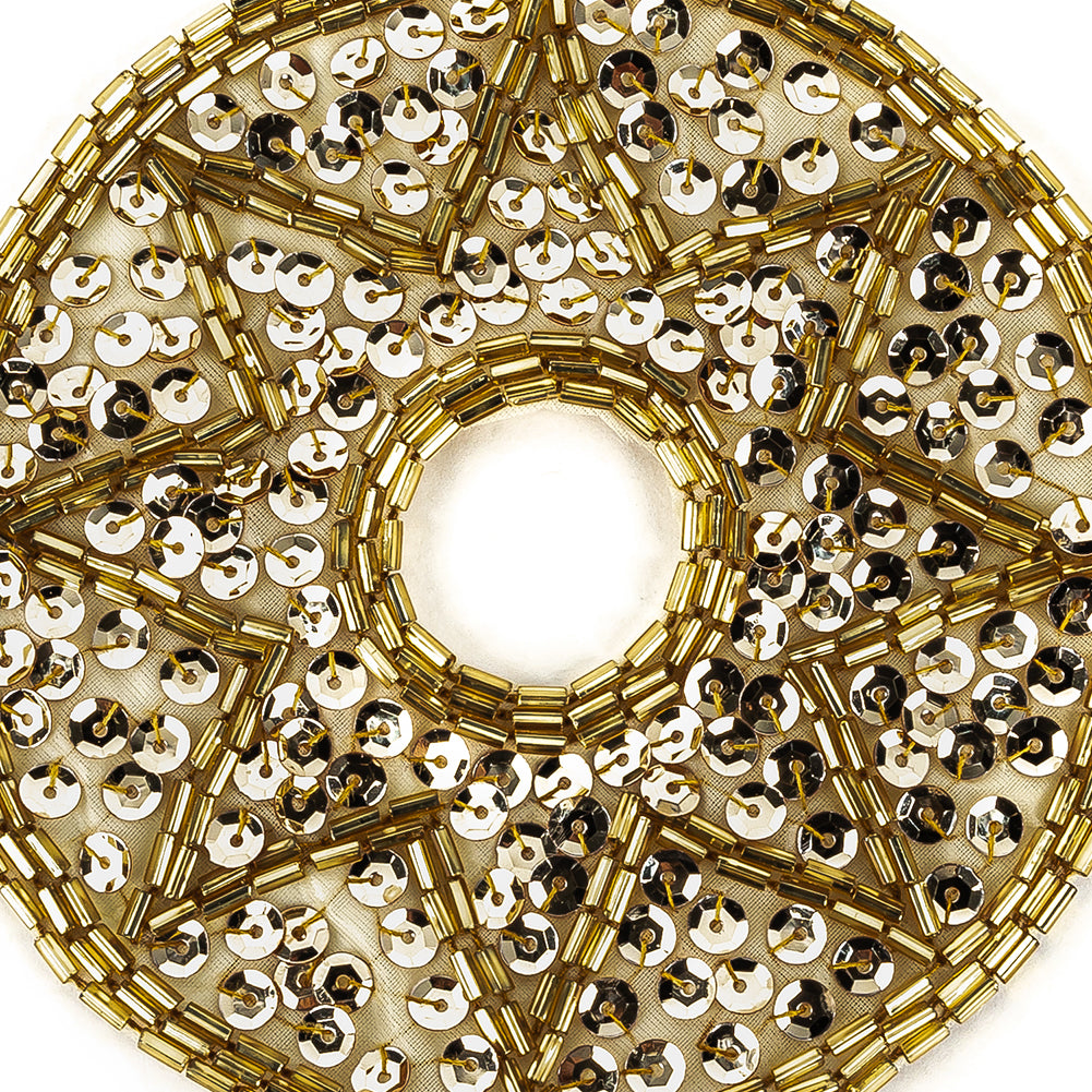 Vintage Gold-lined Bugle Beads and White Gold Sequins Circular Star Applique - 4.375" x 4.375" Detail Vintage Gold-lined Bugle Beads and White Gold Sequins Circular Star Applique - 4.375" x 4.375" Detail