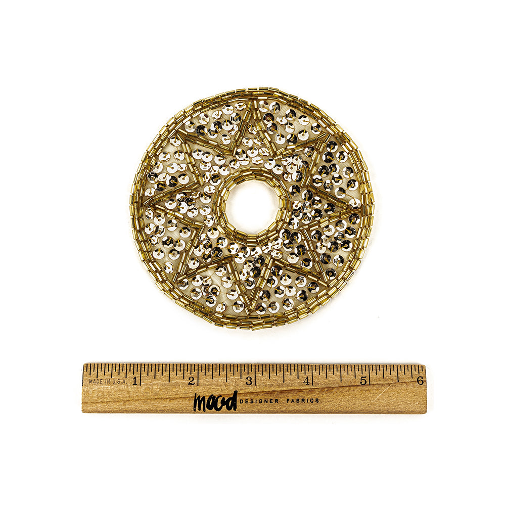 Vintage Gold-lined Bugle Beads and White Gold Sequins Circular Star Applique - 4.375" x 4.375" Full Vintage Gold-lined Bugle Beads and White Gold Sequins Circular Star Applique - 4.375" x 4.375" Full