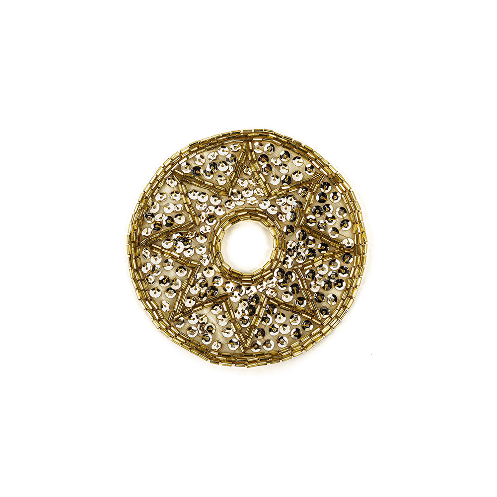 Vintage Gold-lined Bugle Beads and White Gold Sequins Circular Star Applique - 4.375" x 4.375" Vintage Gold-lined Bugle Beads and White Gold Sequins Circular Star Applique - 4.375" x 4.375"