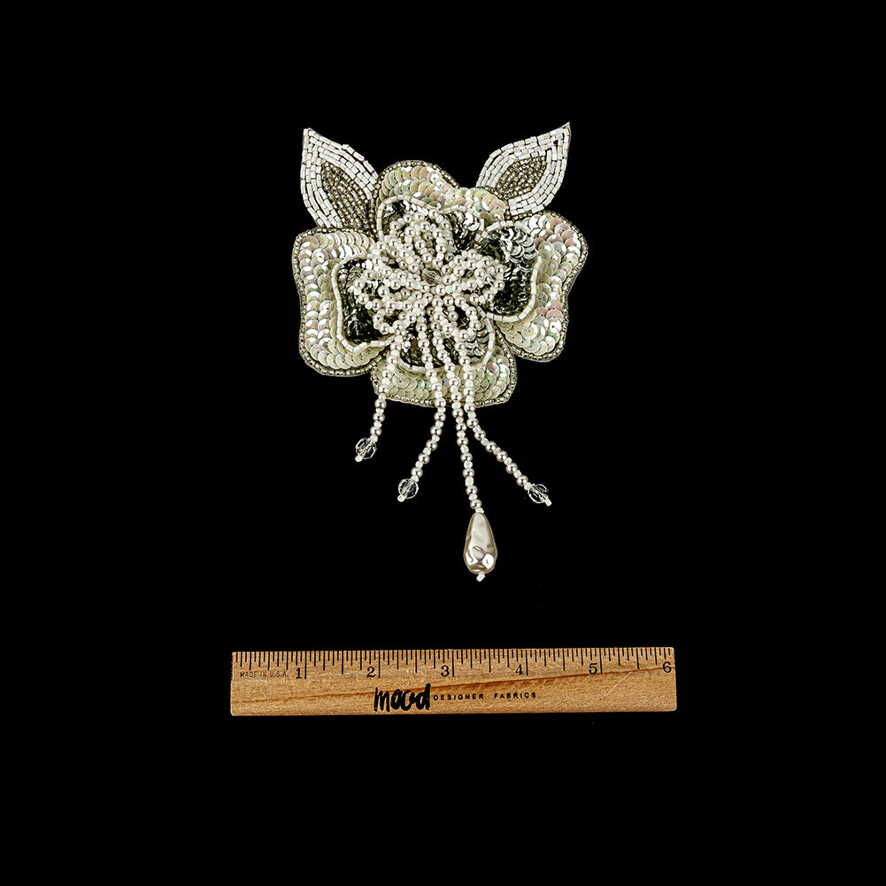 Vintage White Iris and Pearl, Silver Sequins and Beaded 3D Floral Applique with Crystal Bead Center - 6.625" x 4.25" Full Vintage White Iris and Pearl, Silver Sequins and Beaded 3D Floral Applique with Crystal Bead Center - 6.625" x 4.25" Full