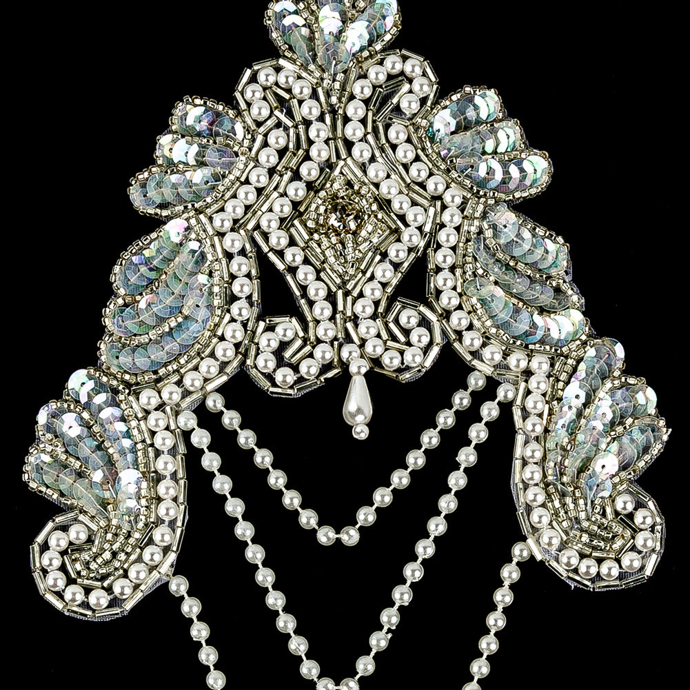 Vintage Pearl and White Iris Beaded and Sequins Applique with Crystal Rhinestone Center - 8.25" x 4.875" Detail Vintage Pearl and White Iris Beaded and Sequins Applique with Crystal Rhinestone Center - 8.25" x 4.875" Detail