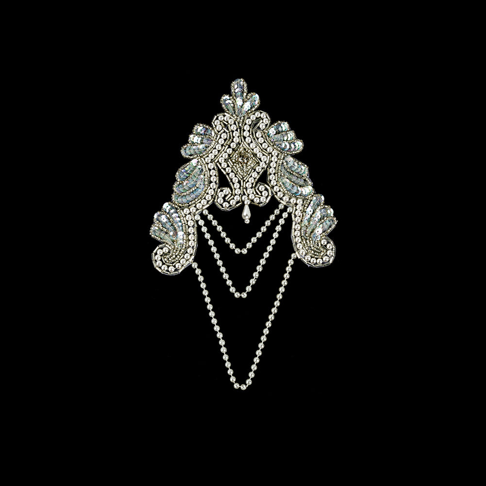 Vintage Pearl and White Iris Beaded and Sequins Applique with Crystal Rhinestone Center - 8.25" x 4.875" Vintage Pearl and White Iris Beaded and Sequins Applique with Crystal Rhinestone Center - 8.25" x 4.875"