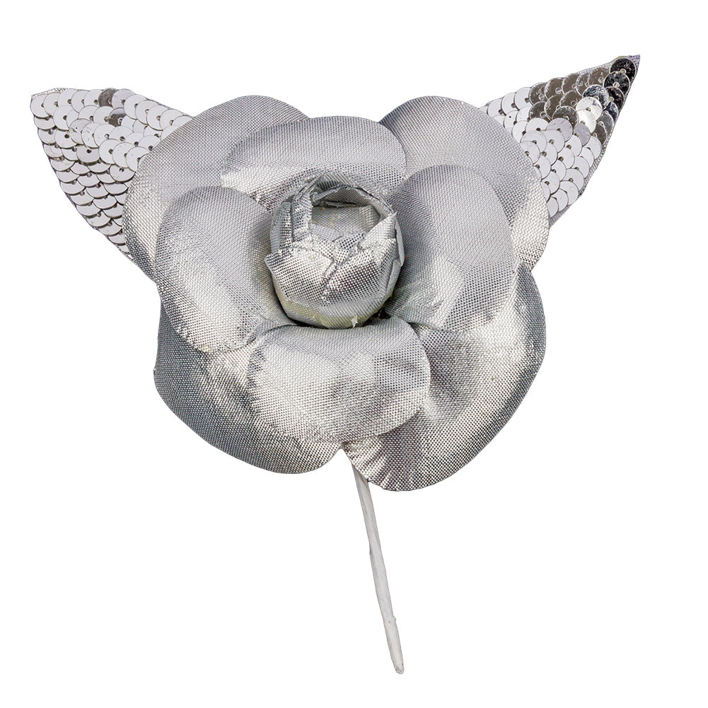 Vintage Silver Fabric Flower Pick with Silver Sequined Leaves - 5" x 4.25" Vintage Silver Fabric Flower Pick with Silver Sequined Leaves - 5" x 4.25"