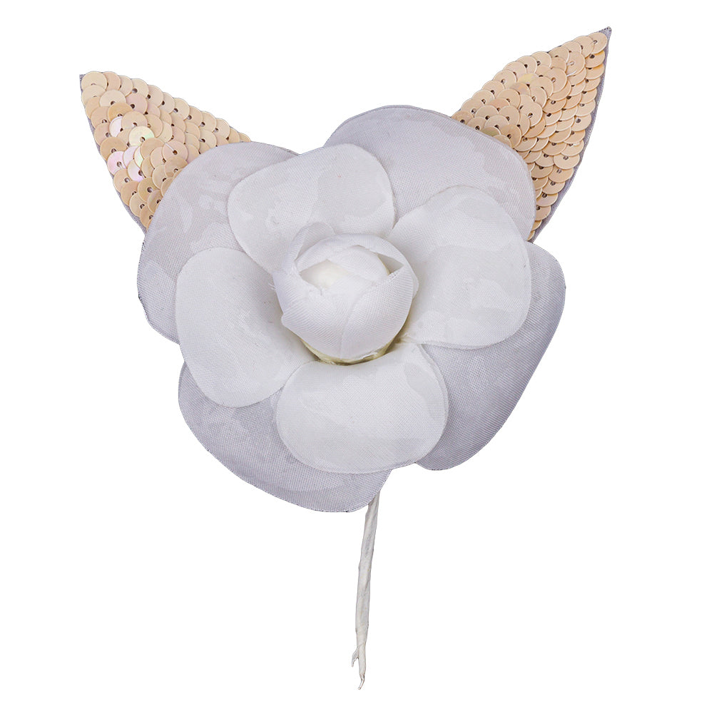 Vintage White Fabric Flower Pick with White Iris Sequined Leaves - 5" x 4.25" Vintage White Fabric Flower Pick with White Iris Sequined Leaves - 5" x 4.25"