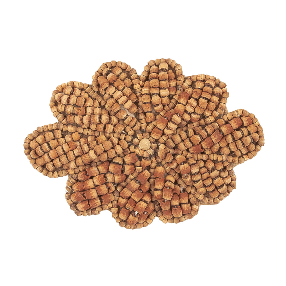 Vintage Dark Natural Wood Beaded Floral Motif Applique - 2" x 2.875" Detail Vintage Dark Natural Wood Beaded Floral Motif Applique - 2" x 2.875" Detail