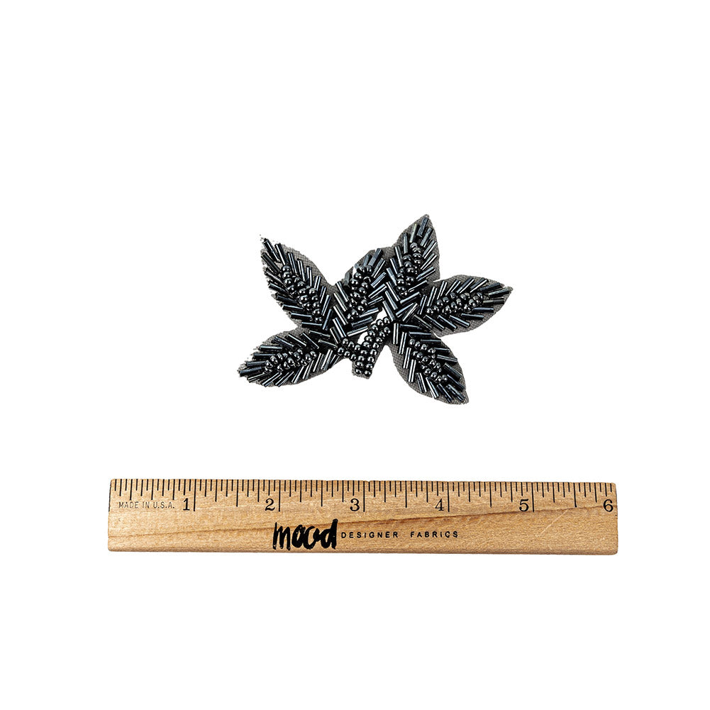 Vintage Gunmetal Bugle and Seed Beaded Foliage Applique - 2.25" x 3.25" Full Vintage Gunmetal Bugle and Seed Beaded Foliage Applique - 2.25" x 3.25" Full