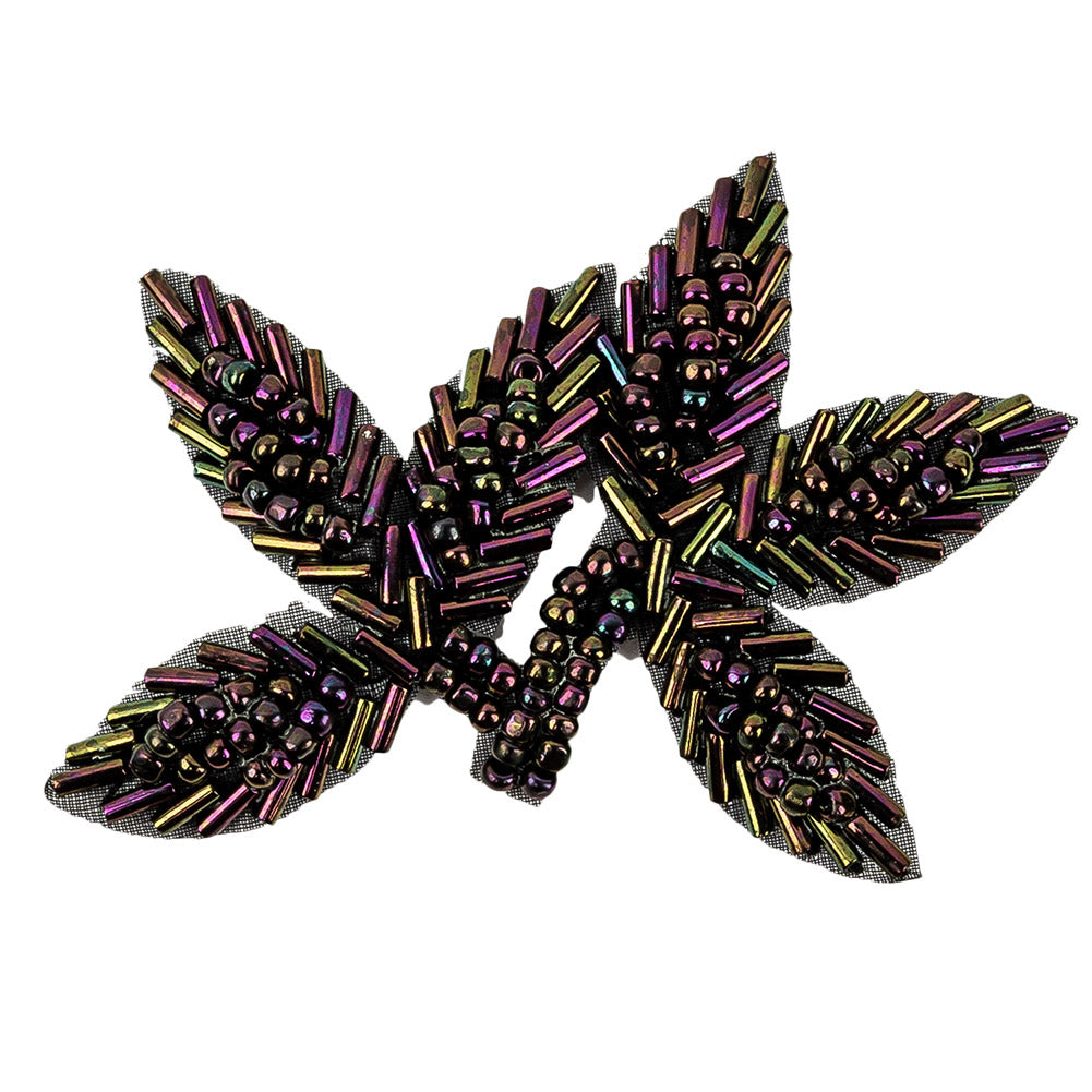 Vintage Purple Iris Bugle and Seed Beaded Foliage Applique - 2.25" x 3.25" Detail Vintage Purple Iris Bugle and Seed Beaded Foliage Applique - 2.25" x 3.25" Detail