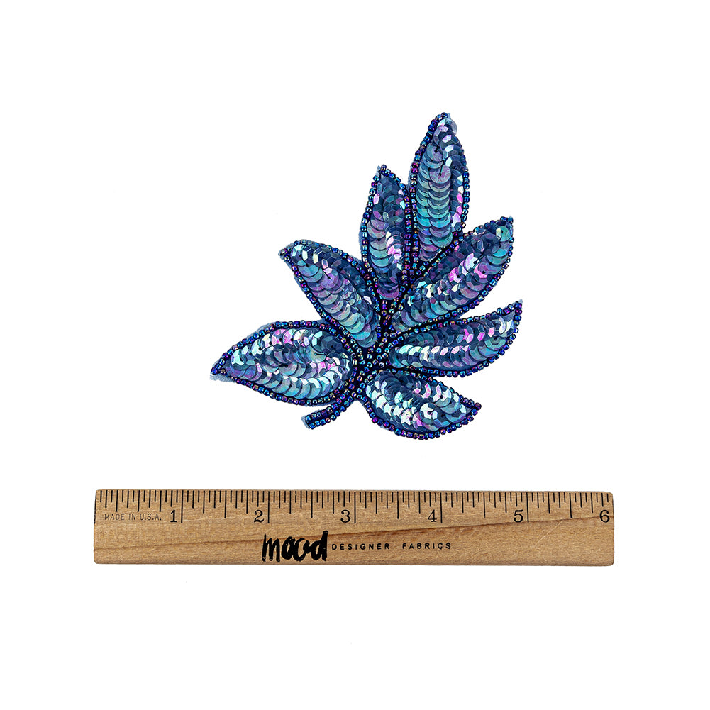 Vintage Royal Blue Iris Sequins and Blue-lined Beaded Leaf Applique - 4" X 3" Full Vintage Royal Blue Iris Sequins and Blue-lined Beaded Leaf Applique - 4" X 3" Full