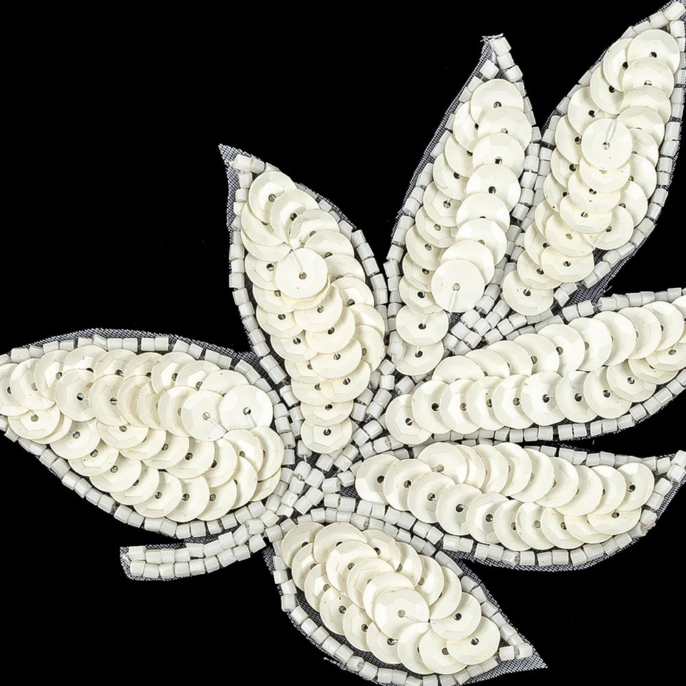 Vintage Off-White Sequins and White-lined Beaded Leaf Applique - 4" X 3" Detail Vintage Off-White Sequins and White-lined Beaded Leaf Applique - 4" X 3" Detail