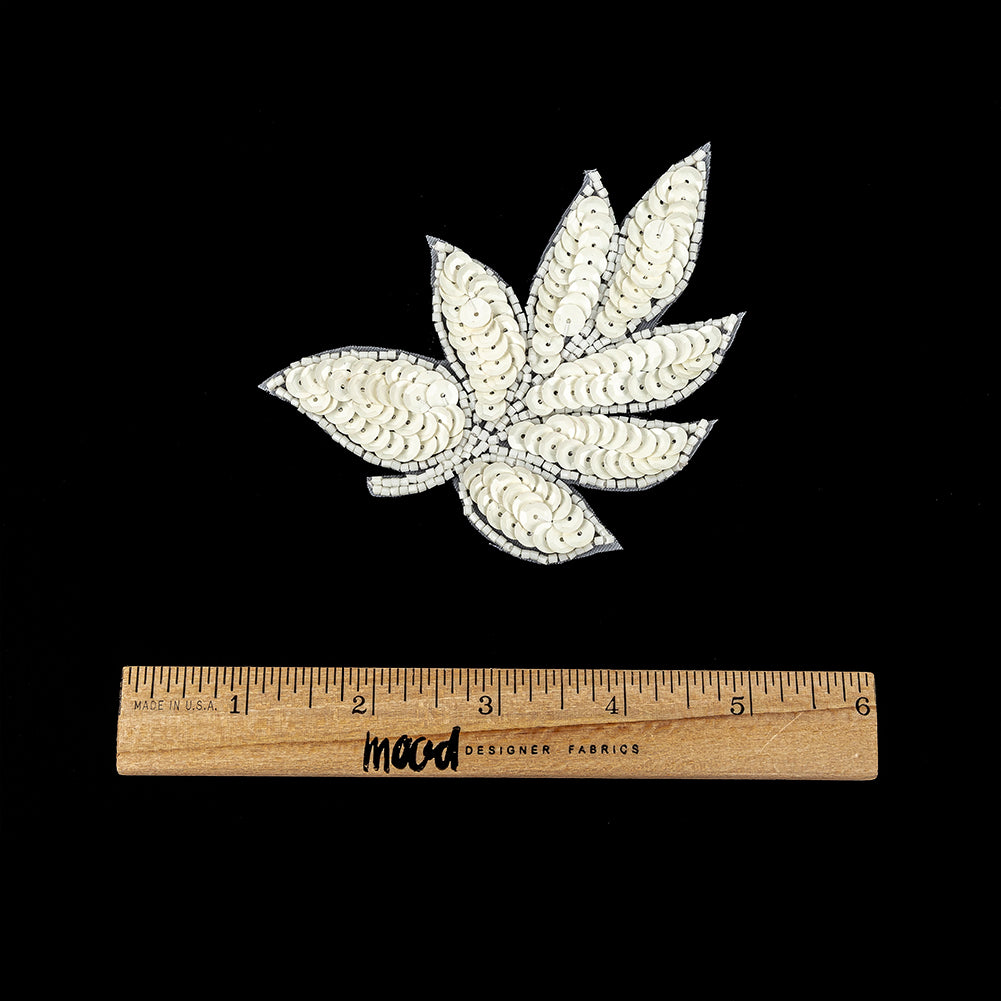 Vintage Off-White Sequins and White-lined Beaded Leaf Applique - 4" X 3" Full Vintage Off-White Sequins and White-lined Beaded Leaf Applique - 4" X 3" Full