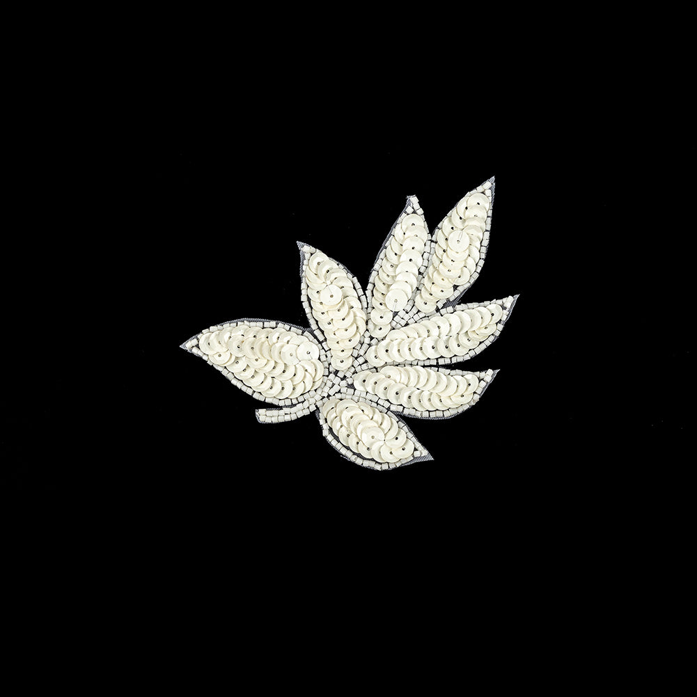 Vintage Off-White Sequins and White-lined Beaded Leaf Applique - 4" X 3" Vintage Off-White Sequins and White-lined Beaded Leaf Applique - 4" X 3"